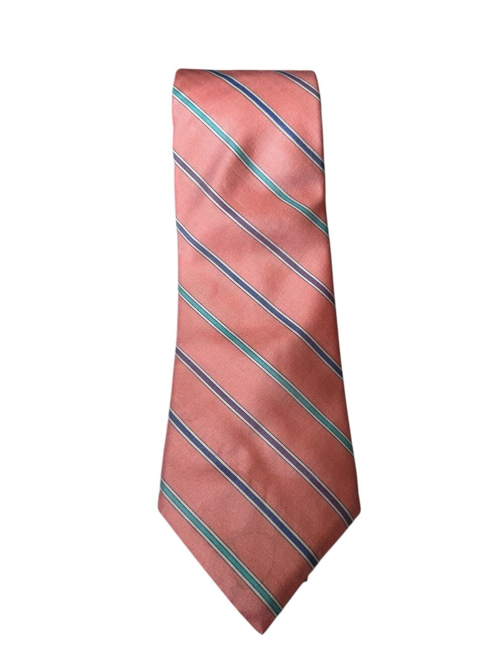 Vintage NEIL MARTIN Salmon Pink Stripe 100% Silk Tie Made USA Green Blue Purple